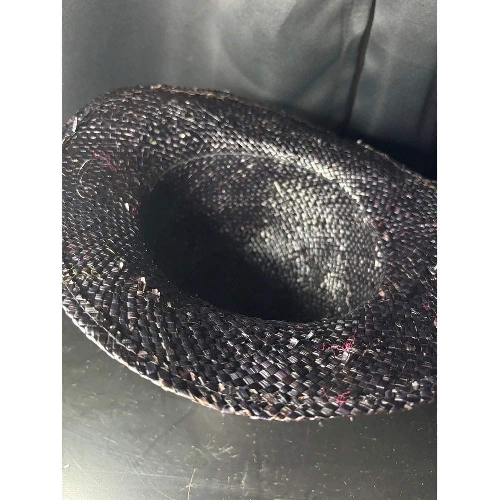 Black paper  Woven Straw Sun Hat Round Crown Summer Beach Wide Brim Fedora Style